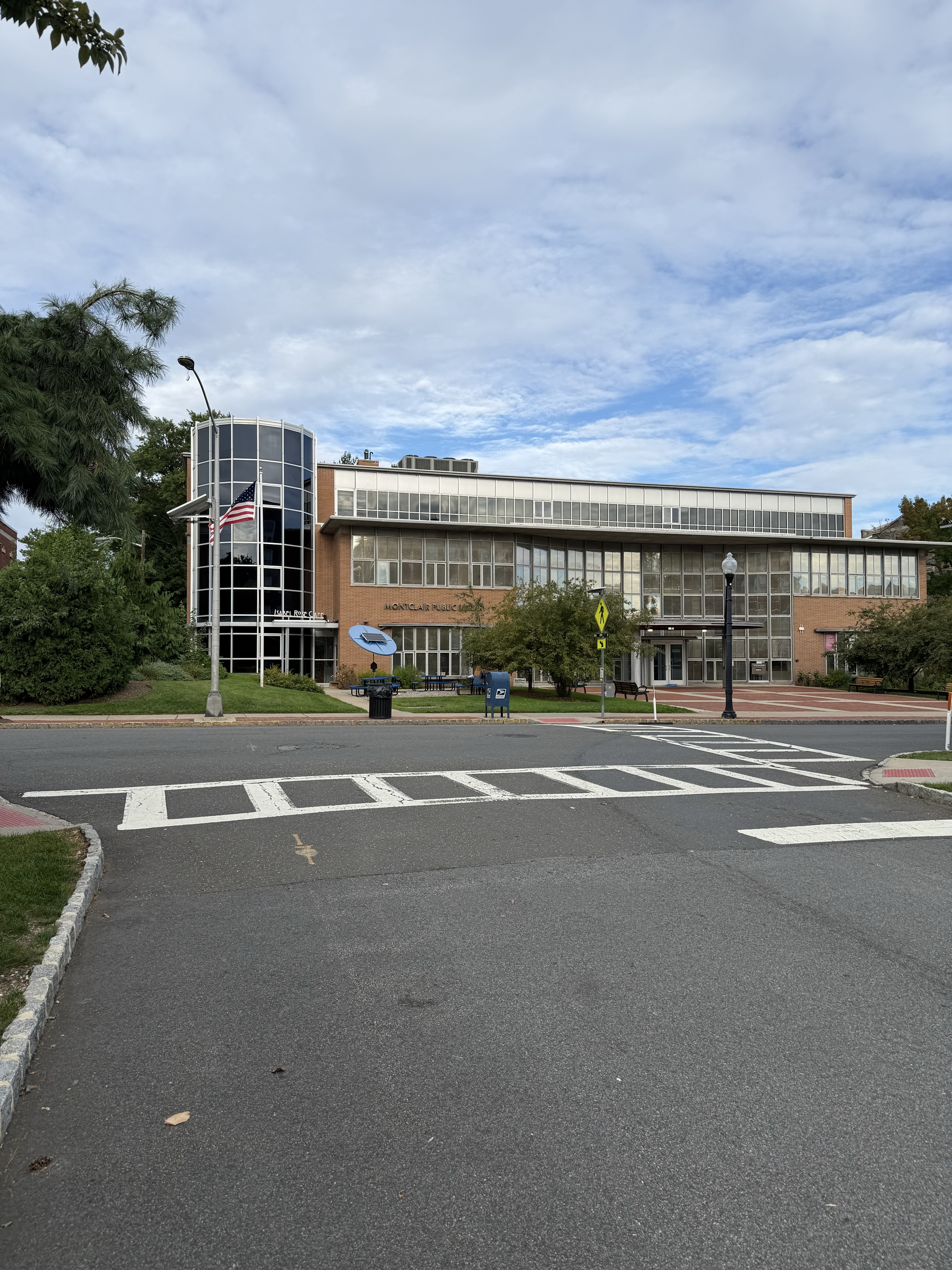 Montclair Public Library exterior, with the entrance and crosswalk.