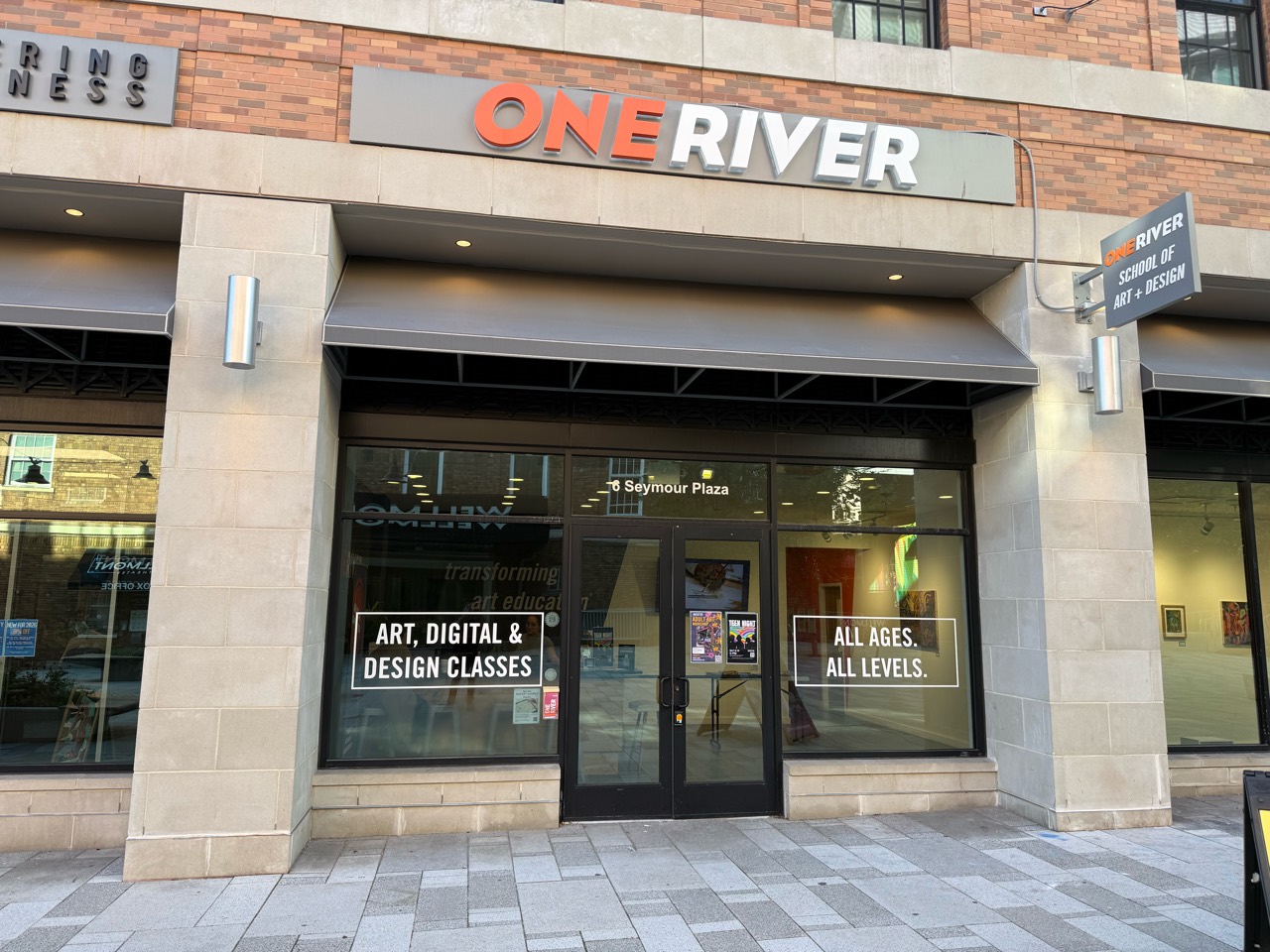 One River School of Art + Design storefront at 6 Seymour Plaza.